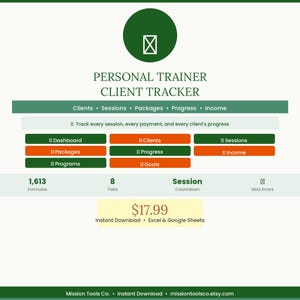 Personal Trainer Client Tracker Excel | Session Log, Package Tracker, Client Progress, Payment Status, Income & Tax Estimator | Instant Down