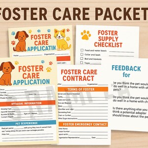 May include: A collection of printed forms for pet foster care. The forms include applications, checklists, contracts, and feedback sheets. The designs feature cartoon dogs, cats, and paw prints, with text such as "Foster Care Application" and "Foster Supply Checklist."
