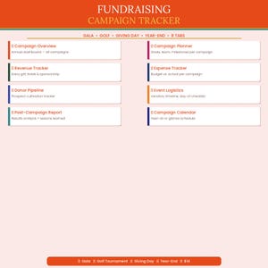 May include: A fundraising campaign tracker with an orange header and footer. The title "FUNDRAISING CAMPAIGN TRACKER" is displayed. The tracker includes sections for campaign overview, revenue, donor pipeline, and post-campaign reports. Additional sections include campaign planner, expense tracker, event logistics, and campaign calendar.