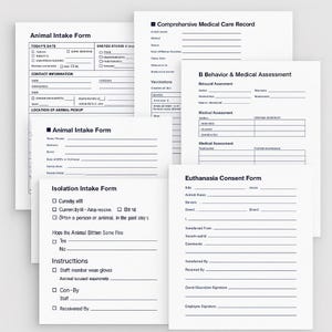 Puede incluir: Una colección de formularios de papel blanco para el cuidado de animales, que incluyen formularios de admisión, registros médicos y formularios de consentimiento. Los formularios tienen varios campos para completar información.
