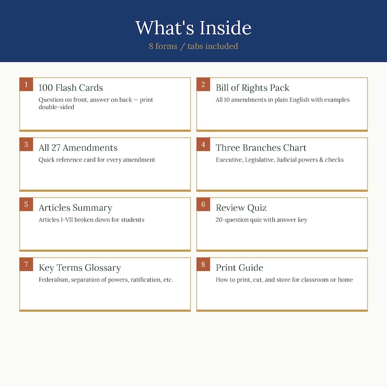 US Constitution Study Pack | 100 Flash Cards + Bill of Rights ...