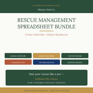 Puede incluir: Un paquete de hojas de cálculo digitales para la gestión de rescate de animales. La imagen presenta un fondo crema con detalles en verde oscuro y dorado. El texto incluye "Rescue Management Spreadsheet Bundle" y pestañas para el inventario de animales, registros médicos, etc.