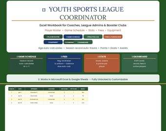 Youth Sports League Coordinator Excel Spreadsheet | Player Roster, Game Schedule, Stats Tracker, Fees  Fundraising, Equipment | Coach & Lea