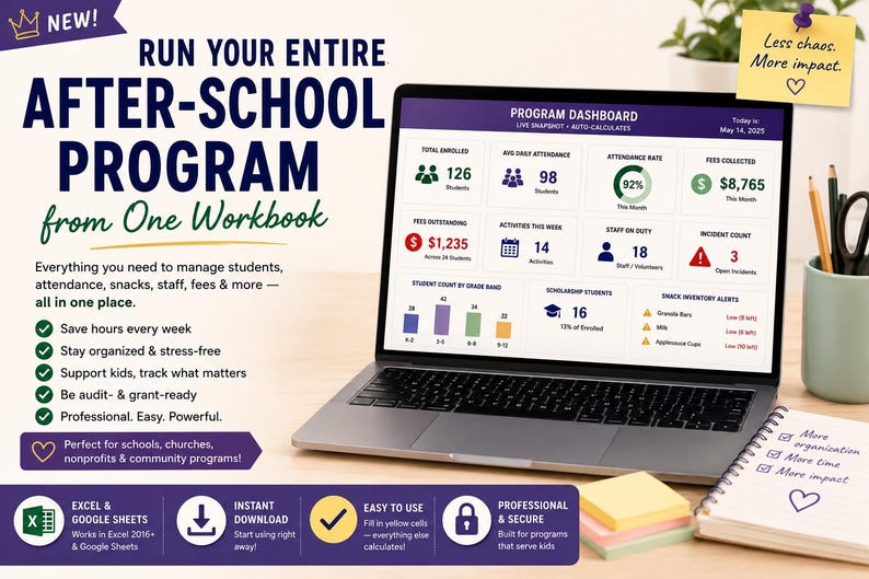 May include: A laptop displaying a Program Dashboard for an after-school program, featuring data on student enrollment, attendance, fees, and inventory. The screen shows charts and metrics, with text overlays promoting an all-in-one management workbook.