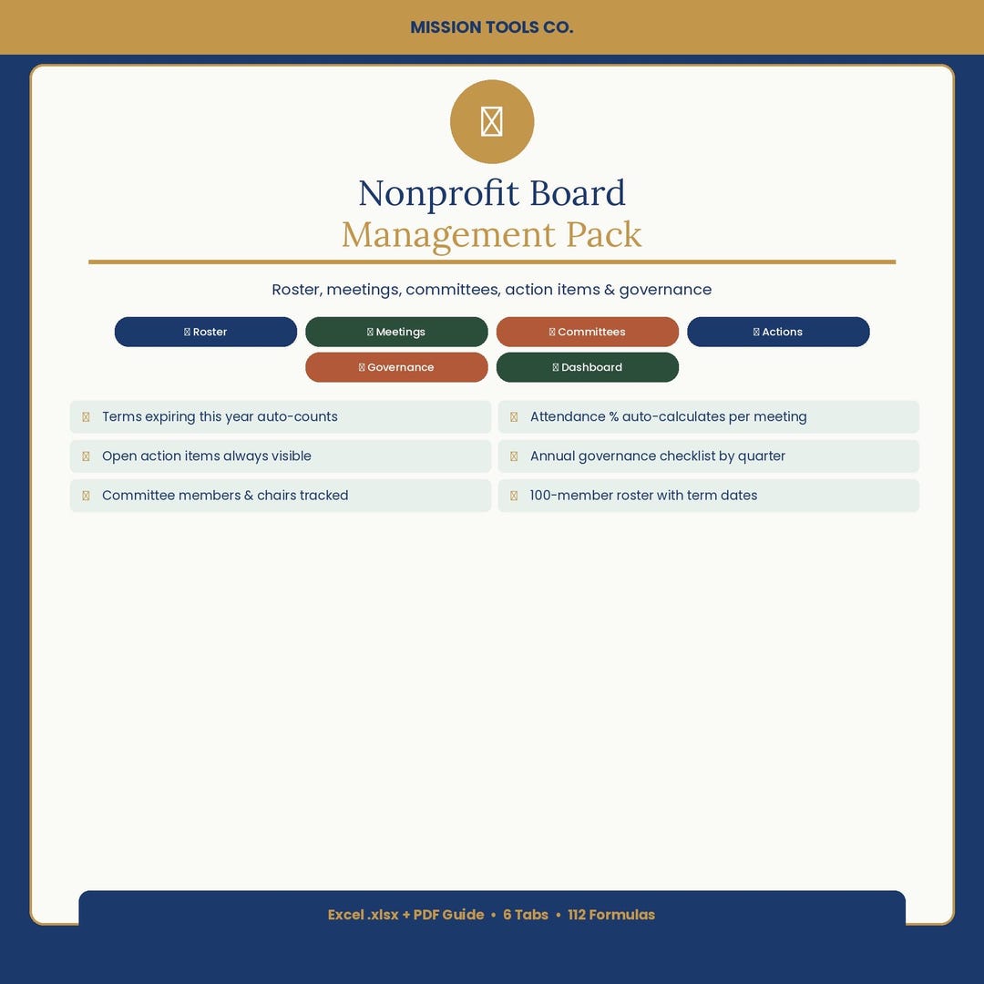 Nonprofit Board Management Pack Excel | Board Roster, Meeting Log ...