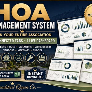 HOA Management System | Excel Google Sheets | Resident Directory Dues Violation Work Order Vendor Budget Tracker | Community Spreadsheet