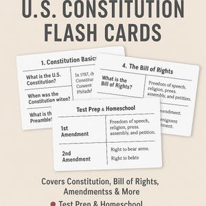 Cartões de Estudo da Constituição dos EUA | Conjunto de 100 Perguntas e Respostas para Imprimir | Preparação para Testes e Ensino Domiciliar | Tamanho Padrão 4x6