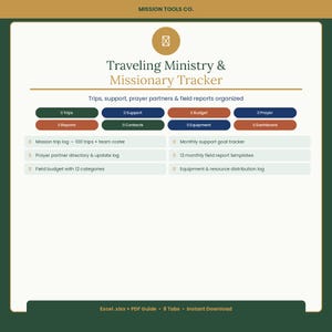 Peut inclure: Un planificateur numérique intitulé "Traveling Ministry & Missionary Tracker" avec un design vert et blanc. Le planificateur comprend des sections pour les voyages, le soutien, le budget et la prière. Il comprend également un journal de voyage de mission, un répertoire des partenaires de prière et un budget de terrain.