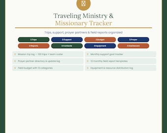 Missionary Tracker Excel | Mission Trip Log, Ministry Support Tracker, Prayer Partner Log, Field Reports, Field Budget | Instant Download