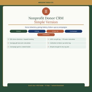 Könnte beinhalten: Werbung für eine einfache Version des Nonprofit Donor CRM. Das Bild zeigt einen cremefarbenen Hintergrund mit einem grünen Rand. Das Produkt umfasst ein Spenderverzeichnis, Spendenhistorie, Follow-ups und Kampagnen. Der Text enthält "500-donor directory", "1,000-row gift log" und "Excel.xlsx + PDF Guide".
