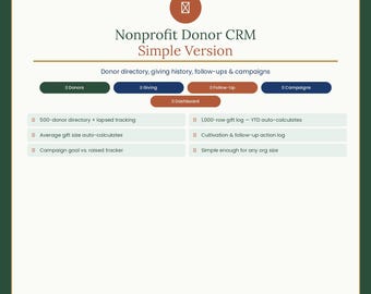 Nonprofit Donor CRM Simple Version Excel | Donor Directory, Giving History Log, Cultivation Follow-Up Tracker, Campaign Tracker | Instant Do