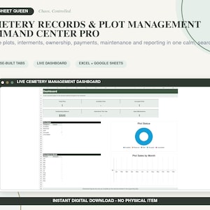 Op de afbeelding: Een digitaal spreadsheet-sjabloon getiteld Cemetery Records & Plot Management Command Center Pro. De interface bevat een live dashboard met gegevenstabellen, een blauwe ringgrafiek voor de status van percelen en een maandelijkse verkoopgrafiek.