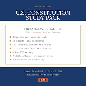 Pode incluir: Um guia de estudo azul marinho e branco intitulado "U.S. CONSTITUTION STUDY PACK" com o texto "100 Q&A Flash Cards + Study Guide". O guia inclui flash cards, a Declaração de Direitos, emendas e um questionário. É um PDF imprimível.