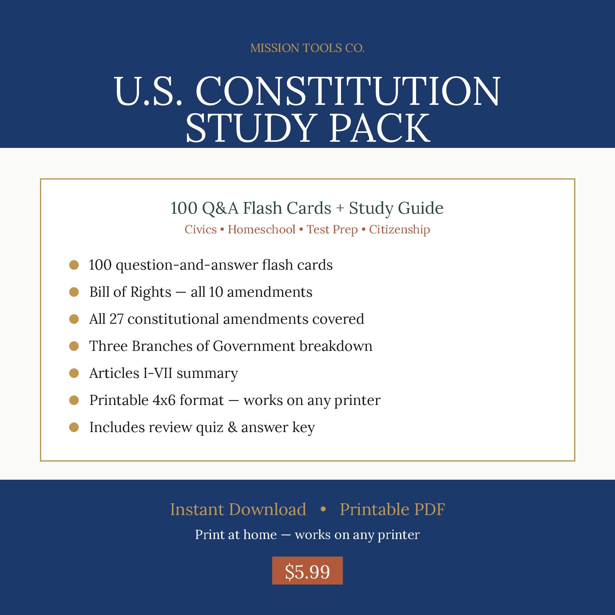 US Constitution Study Pack | 100 Flash Cards + Bill of Rights ...