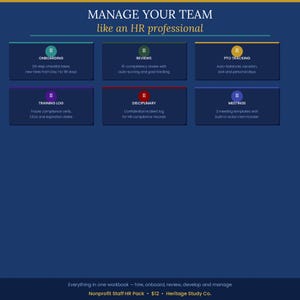 May include: A dark blue graphic with the text "MANAGE YOUR TEAM like an HR professional." The image features six boxes with HR-related topics: onboarding, reviews, PTO tracking, training log, disciplinary, and meetings. The bottom of the image has text.