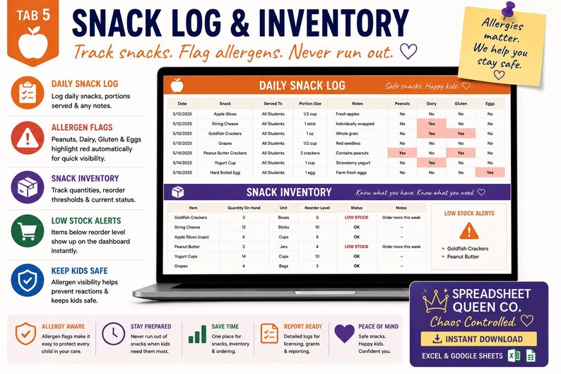 May include: A digital snack log and inventory spreadsheet displayed on a laptop screen. The interface features sections for daily snack tracking, allergen flagging, and inventory management with low stock alerts. Includes text labels like SNACK LOG & INVENTORY, DAILY SNACK LOG, and SPREADSHEET QUEEN CO.