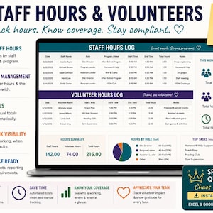 May include: A digital spreadsheet template displayed on a laptop screen titled Staff Hours & Volunteers. It features logs for staff and volunteer hours, summary charts, and monthly totals. The interface includes sections for tracking roles, tasks, and compliance data.