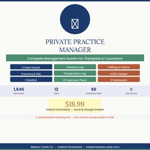 May include: A digital graphic for a private practice management system. The design features a navy blue circle with a white envelope icon, the title "PRIVATE PRACTICE MANAGER", and various labeled buttons for different functions. The price is listed as $18.99.