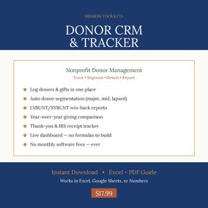 May include: A digital product advertisement for a Donor CRM & Tracker by Mission Tools Co. The image features text about nonprofit donor management, including features like donor segmentation and thank-you receipt tracking. The product is an instant download with Excel and PDF guides.