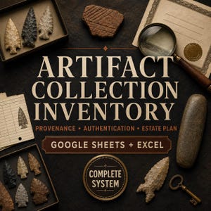 Arrowhead Spreadsheet | Artifact Collection Inventory Excel Google Sheets | Relic Provenance, Authentication, Value & Estate Log