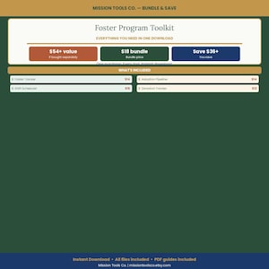 Puede incluir: Un kit de herramientas digital "Foster Program Toolkit" con el texto "Todo lo que necesitas en una descarga". Incluye un precio de paquete de 18€ y un ahorro de 36€+. Incluye un Foster Tracker, Shift Scheduler, Adoption Pipeline y Donation Tracker.
