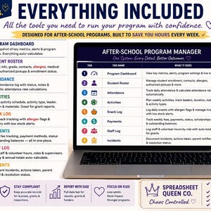 May include: A laptop displaying an After-School Program Manager spreadsheet with eight numbered tabs including Program Dashboard, Student Roster, Attendance, Activities, Snack Log, Payments, Staff Log, and Incidents, with descriptive text for each.