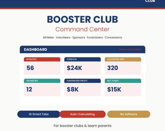 Booster Club Command Center | Excel Google Sheets | Athlete Registration Sponsor Fundraiser Volunteer Concession Tracker | Booster President