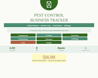 Pest Control Business Tracker Excel | Client Route Log, Service Log, Chemical Tracker, IRS Mileage, Tax Estimator | Instant Download