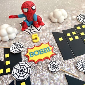 Spiderman Cake Topper, Superhero Edible Birthday Party, Fondant Buildings, Spiderman character, Superhero Party, Childrens Birthday, Custom