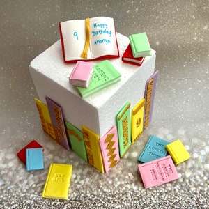 Books Cake Topper School Reading Fondant Birthday Party, Book Worm Cake Topper, Reading Party, Childrens Birthday, Books Cake Topper