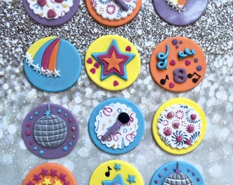 Party Cake Topper Disco Ball Cupcake Toppers Edible Fondant Confetti Glow Celebration 80s 90s Birthday Stars Music Microphone Stars