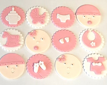 Baby Shower Cake Topper Cupcake Toppers Edible Fondant Newborn Girl Boy New Mum Mom Pregnancy Unisex Twins Christening Naming Ceremony