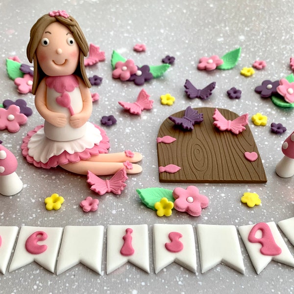 Princess Cake Topper Edible Decoration Fairy Door Flowers Toadstools Mushrooms Butterflies Little Girl First Birthday Celebration Figure