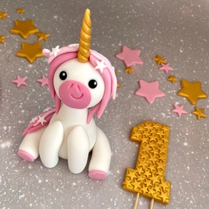 Unicorn Cake Topper Edible Fondant First Birthday Shimmery Horn Rainbow Clouds Stars