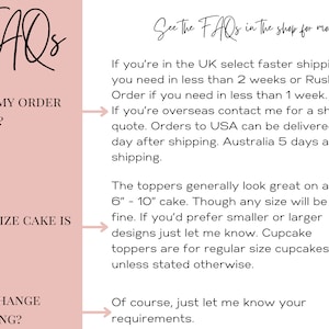 May include: A pink and white graphic with frequently asked questions about cake toppers. The text reads "FAQs" in a large, handwritten font. The questions are "I need my order faster?", "What size cake is best?", and "Can I change anything?" Each question has an arrow pointing to the right and an answer below. The answers are about shipping times and cake topper sizes.