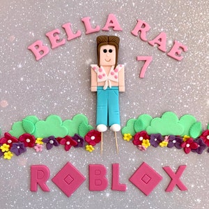 Roblox Inspired Fondant Cake Topper Edible Birthday Girl Character Custom Design Personalised Boy Skin Flower Leaves Bushes Scenery