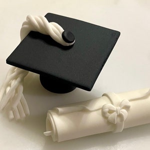 May include: A black graduation cap with a white tassel and a white scroll with a bow. The cap and scroll are made of fondant and are perfect for decorating a graduation cake.