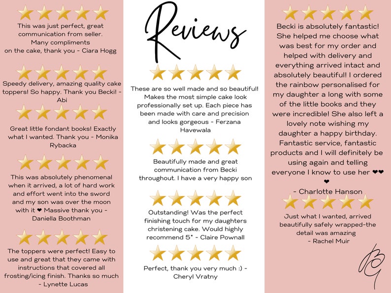 May include: A pink background with white text and gold stars. The text reads "Reviews" and includes customer testimonials about a cake decorating business. The testimonials highlight the quality of the products, the excellent customer service, and the overall positive experience.