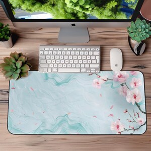 Cherry Blossoms Desk Mat - Cute Desk Pad with Floral Sakura Art, Office Decor, Kawaii Gaming, and Home Workspace