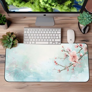 Cherry Blossoms Japanese Deskmat, XL Mousepad for Home Office, Lofi Desk Mat with Elegant Floral Design, Lofi Mousepad