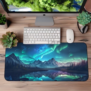 Northern Lights with Lake Desk Mat, Landscape Gaming and Office Mousepad, Stunning Aurora Borealis Non-Slip Desk Pad