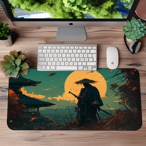 Old Samurai Japanese Desk Mat - XL Gaming and Office Mousepad - Anime Inspired Non-Slip Desk Pad with Retro Aesthetic