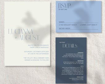 Blue Wedding Wedding Invites, Modern Wedding Invite Suite, Minimalist Invitation, Classic Invite, Simple Editable Invite Template #CBW01