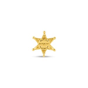 May include: A gold-toned six-pointed star badge featuring a textured surface and rounded tips. The center of the badge is embossed with the text "DEPUTY" at the top, "SHERIFF" in the middle, and "COUNTY" at the bottom, all in capital letters.