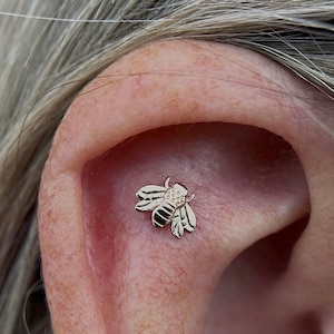 14k Yellow Rose White Solid Gold BEE Stud, Body Jewelry 25g Threadless, 14g and 16g Threaded Pins