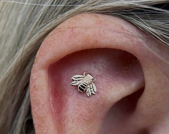 14k Yellow Rose White Solid Gold BEE Stud, Body Jewelry 25g Threadless, 14g and 16g Threaded Pins
