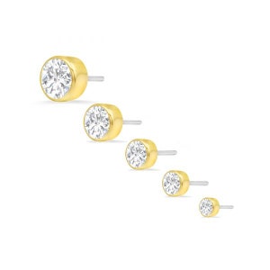 14k Yellow, Rose, White, Solid Gold, "CLASSIC BEZEl with CZ" Stud, Body Jewelry 25g Threadless, 14g and 16g Threaded Pins