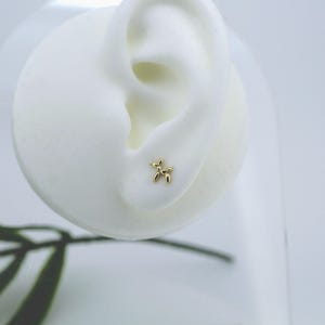 Puede incluir: Un pendiente de bot&oacute;n con forma de perro globo de color dorado se muestra en un modelo de oreja blanca. El pendiente es peque&ntilde;o y detallado, mostrando la forma ic&oacute;nica de un animal globo. El fondo es blanco suave y neutro.