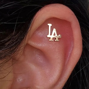 14k Yellow, Rose, White, Solid Gold,   &quot;LA&quot;  Stud, Dermal Body Jewelry 25g Threadless, 14g and 16g Threaded Pins