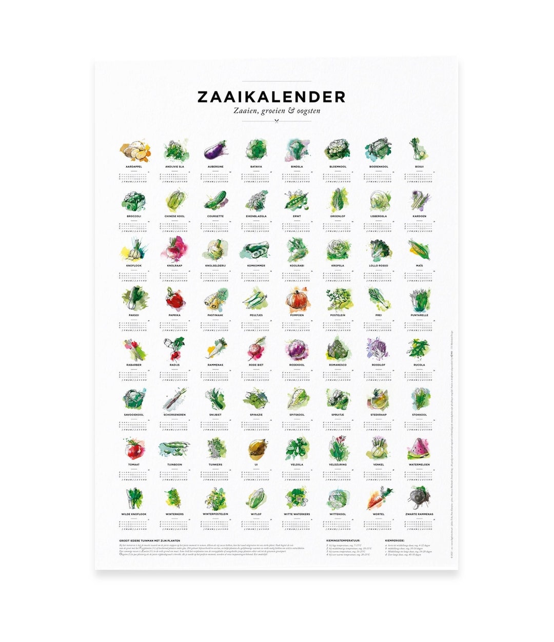 Plantkalender en zaaikalender voor de tuin, zaaitijden voor 64 verschillende soorten groenten